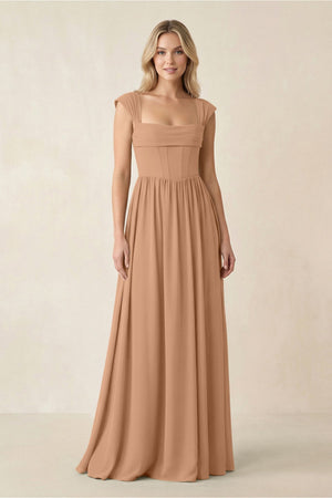 Cap Sleeve Corset A - Line Chiffon Bridesmaid Dress in Bronzer - KISS BRIDAL Bridesmaid Dresses