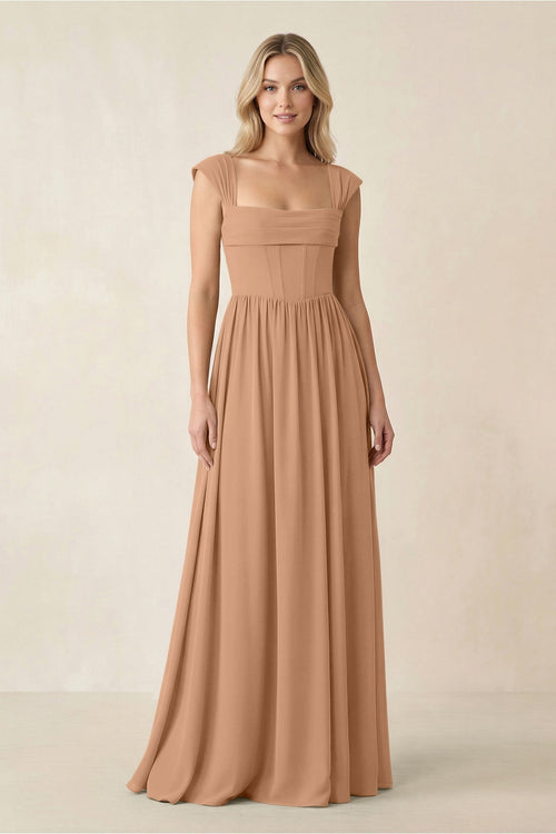 Cap Sleeve Corset A - Line Chiffon Bridesmaid Dress in Bronzer - KISS BRIDAL Bridesmaid Dresses