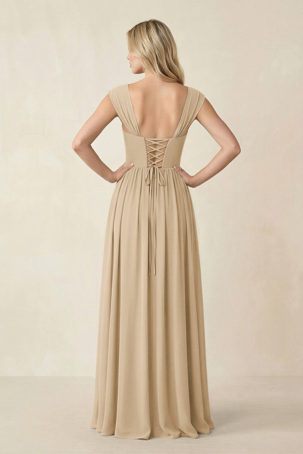 Cap Sleeve Corset A-Line Chiffon Bridesmaid Dress in Champagne
