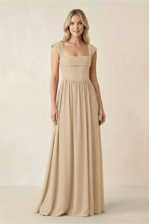Cap Sleeve Corset A-Line Chiffon Bridesmaid Dress in Champagne | KISSBRIDAL