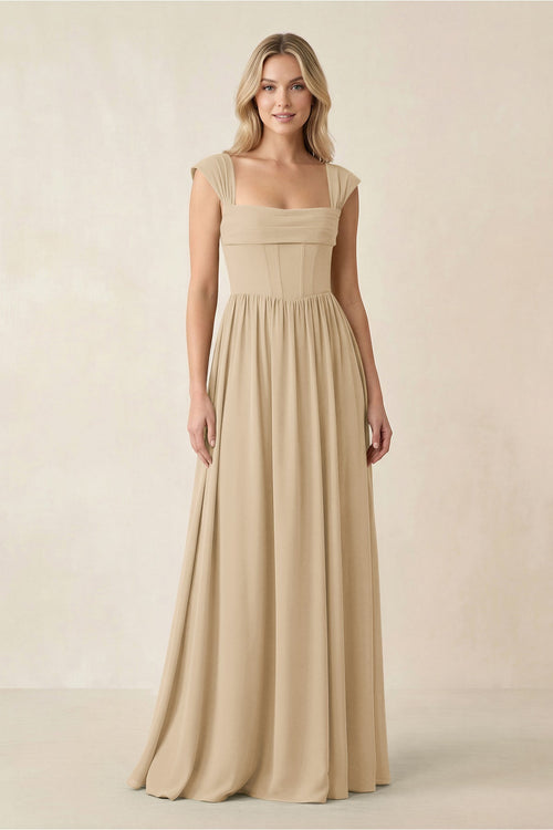 Cap Sleeve Corset A-Line Chiffon Bridesmaid Dress in Champagne | KISSBRIDAL