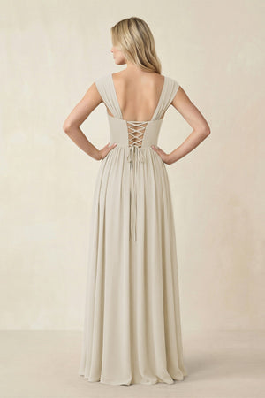 Cap Sleeve Corset A - Line Chiffon Bridesmaid Dress in Dove Gray - KISS BRIDAL Bridesmaid Dresses