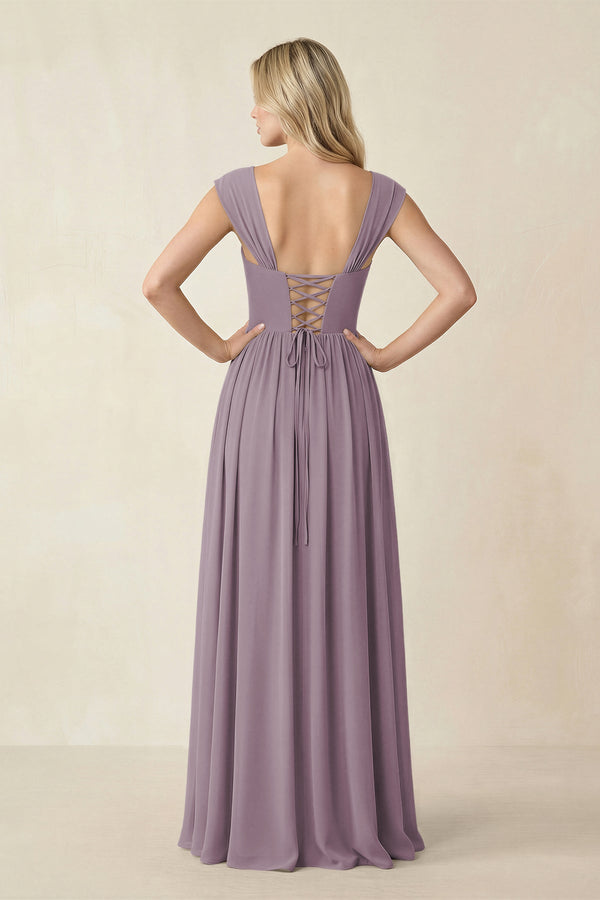 Cap Sleeve Corset A-Line Chiffon Bridesmaid Dress in Dusk (2) | KISSBRIDAL