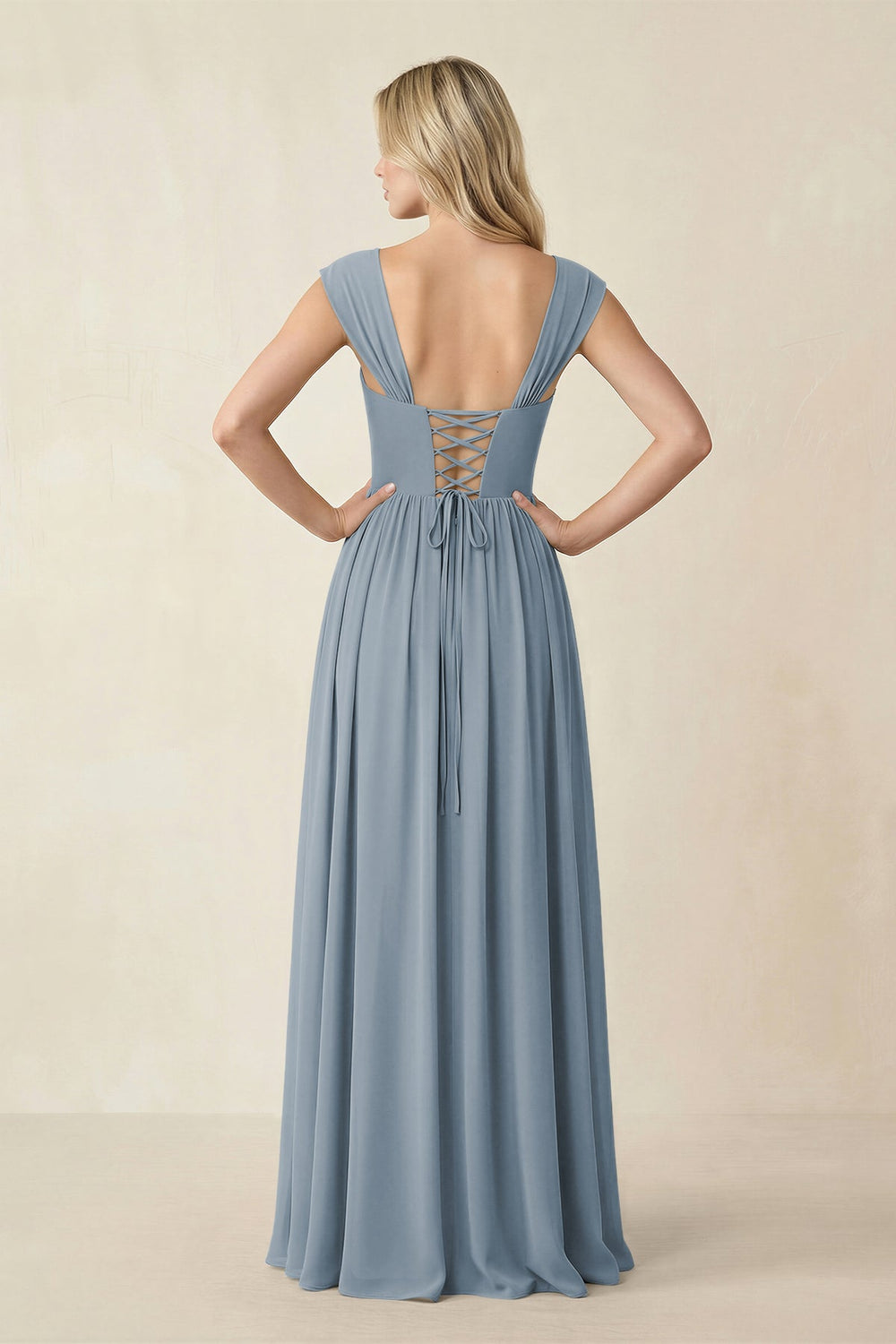 Cap Sleeve Corset A-Line Chiffon Bridesmaid Dress in Dusty Blue