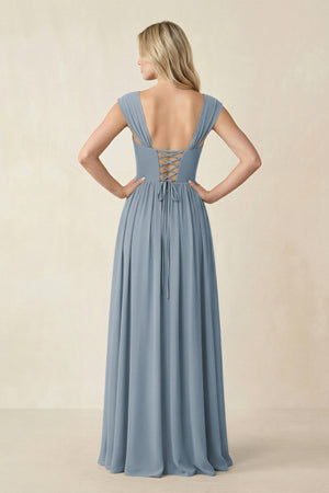 Cap Sleeve Corset A-Line Chiffon Bridesmaid Dress in Dusty Blue (2) | KISSBRIDAL