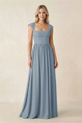 Cap Sleeve Corset A-Line Chiffon Bridesmaid Dress in Dusty Blue | KISSBRIDAL