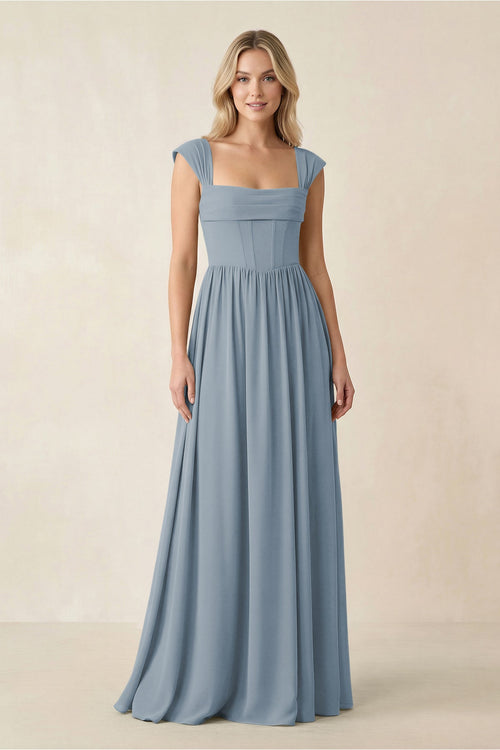 Cap Sleeve Corset A-Line Chiffon Bridesmaid Dress in Dusty Blue | KISSBRIDAL