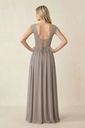 Cap Sleeve Corset A-Line Chiffon Bridesmaid Dress in Frost (2) | KISSBRIDAL