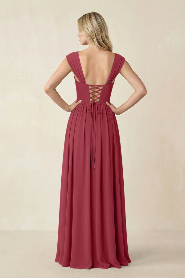 Cap Sleeve Corset A-Line Chiffon Bridesmaid Dress in Merlot (2) | KISSBRIDAL