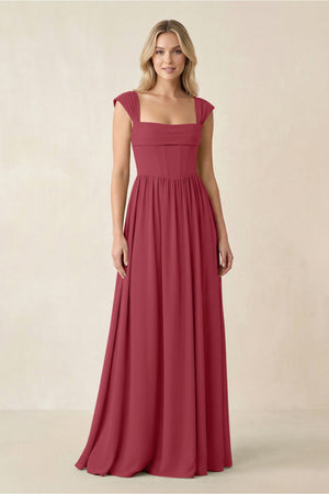 Cap Sleeve Corset A-Line Chiffon Bridesmaid Dress in Merlot | KISSBRIDAL