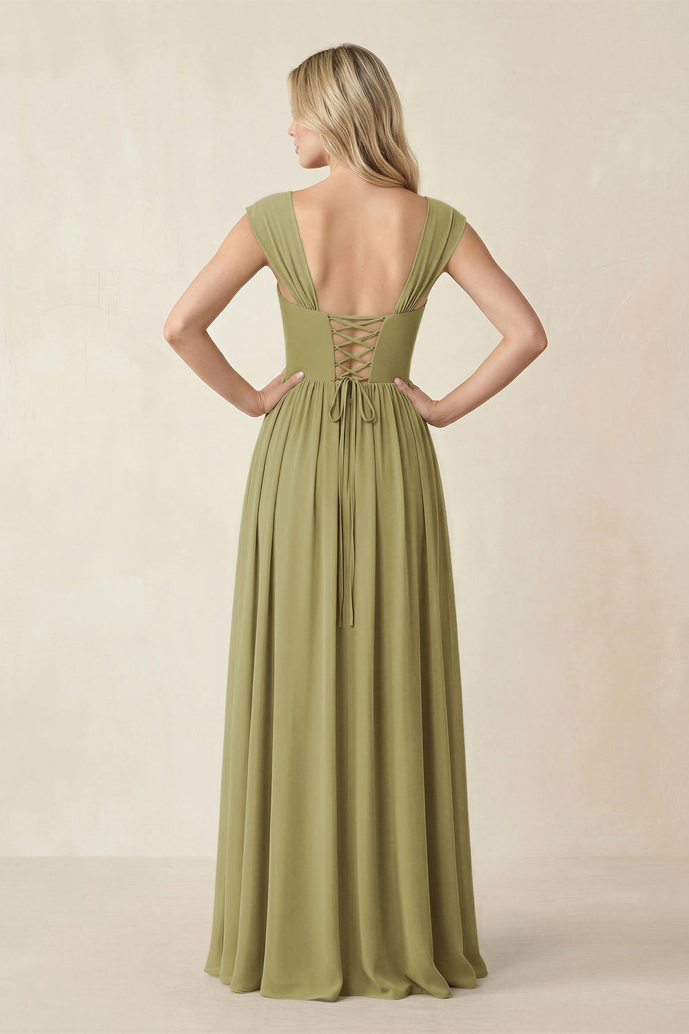 Cap Sleeve Corset A-Line Chiffon Bridesmaid Dress in Moss Green