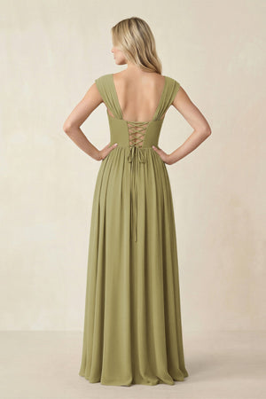 Cap Sleeve Corset A-Line Chiffon Bridesmaid Dress in Moss Green (2) | KISSBRIDAL