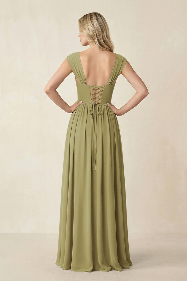 Cap Sleeve Corset A-Line Chiffon Bridesmaid Dress in Moss Green (2) | KISSBRIDAL