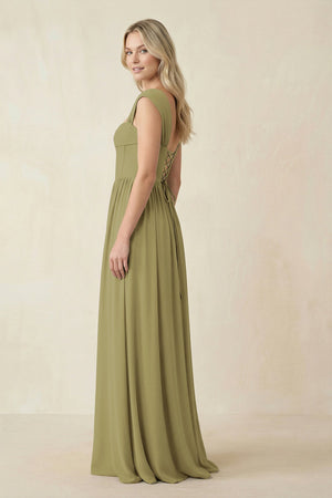 Cap Sleeve Corset A-Line Chiffon Bridesmaid Dress in Moss Green (3) | KISSBRIDAL
