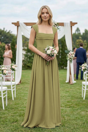 Cap Sleeve Corset A-Line Chiffon Bridesmaid Dress in Moss Green (4) | KISSBRIDAL