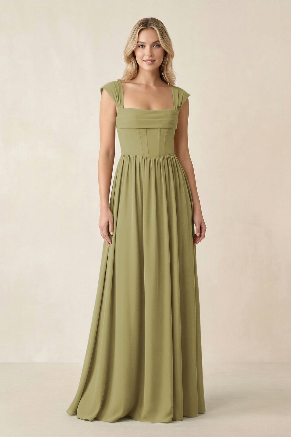 Cap Sleeve Corset A-Line Chiffon Bridesmaid Dress in Moss Green