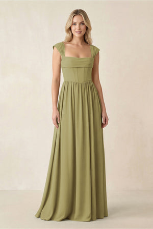 Cap Sleeve Corset A-Line Chiffon Bridesmaid Dress in Moss Green | KISSBRIDAL