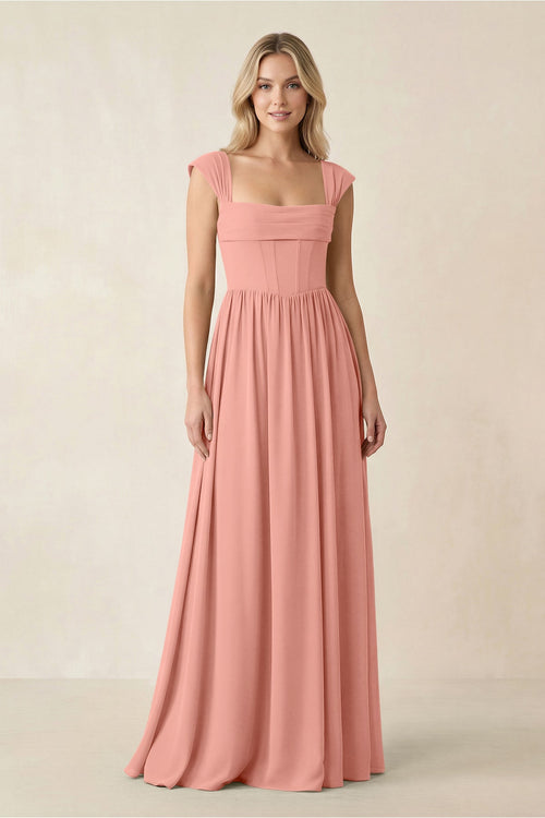 Cap Sleeve Corset A-Line Chiffon Bridesmaid Dress in Rosette | KISSBRIDAL