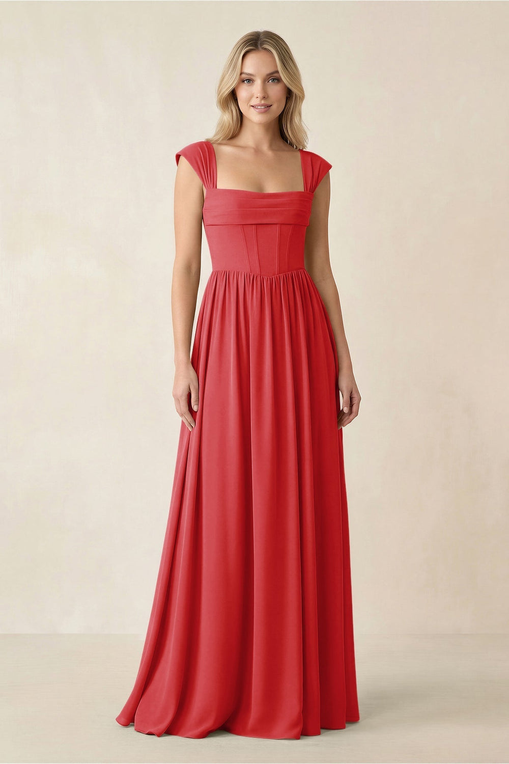 Cap Sleeve Corset A-Line Chiffon Bridesmaid Dress in Ruby Red