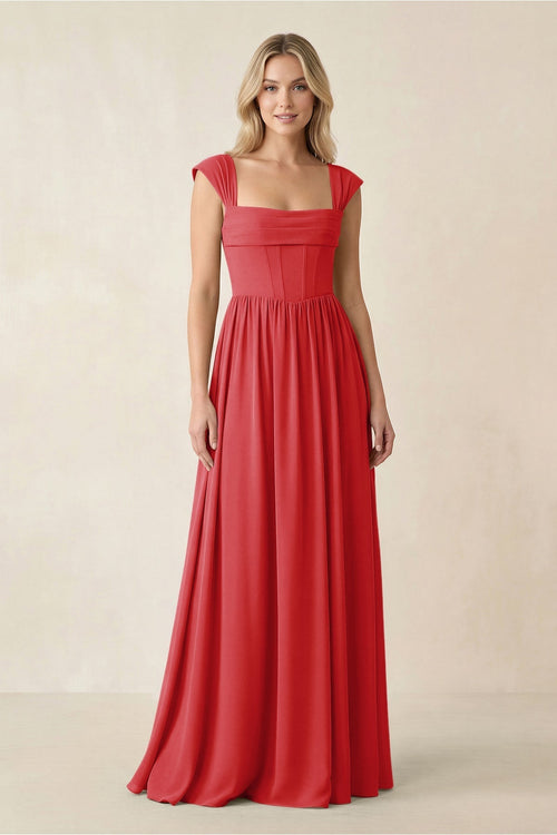 Cap Sleeve Corset A - Line Chiffon Bridesmaid Dress in Ruby Red - KISS BRIDAL Bridesmaid Dresses