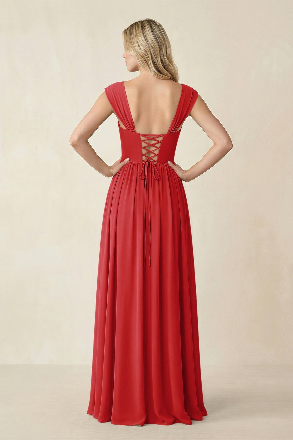 Cap Sleeve Corset A-Line Chiffon Bridesmaid Dress in Ruby Red