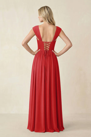 Cap Sleeve Corset A - Line Chiffon Bridesmaid Dress in Ruby Red - KISS BRIDAL Bridesmaid Dresses