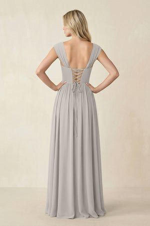 Cap Sleeve Corset A - Line Chiffon Bridesmaid Dress in Silver - KISS BRIDAL Bridesmaid Dresses