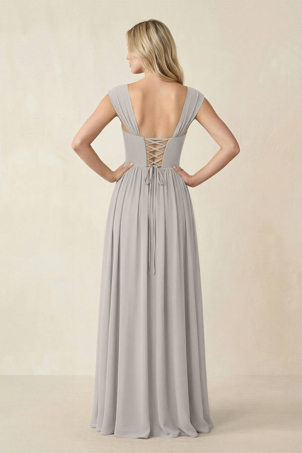 Cap Sleeve Corset A - Line Chiffon Bridesmaid Dress in Silver - KISS BRIDAL Bridesmaid Dresses