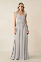 Cap Sleeve Corset A - Line Chiffon Bridesmaid Dress in Silver - KISS BRIDAL Bridesmaid Dresses