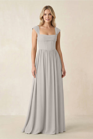 Cap Sleeve Corset A - Line Chiffon Bridesmaid Dress in Silver - KISS BRIDAL Bridesmaid Dresses