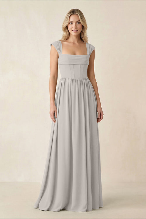 Cap Sleeve Corset A - Line Chiffon Bridesmaid Dress in Silver - KISS BRIDAL Bridesmaid Dresses
