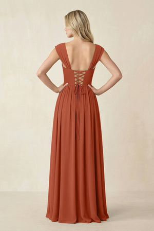 Cap Sleeve Corset A - Line Chiffon Bridesmaid Dress in Spice - KISS BRIDAL Bridesmaid Dresses