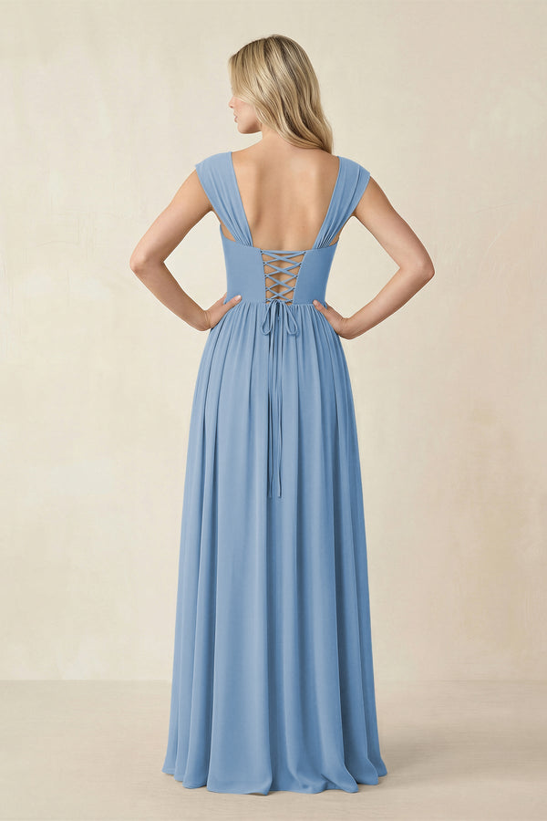 Cap Sleeve Corset A-Line Chiffon Bridesmaid Dress in Steel Blue (2) | KISSBRIDAL