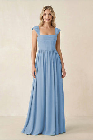 Cap Sleeve Corset A-Line Chiffon Bridesmaid Dress in Steel Blue | KISSBRIDAL