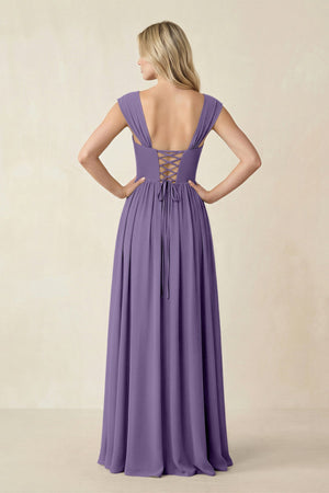 Cap Sleeve Corset A-Line Chiffon Bridesmaid Dress in Tahiti (2) | KISSBRIDAL