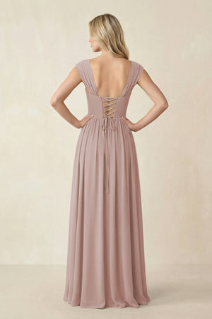 Cap Sleeve Corset A-Line Chiffon Bridesmaid Dress in Toffee (2) | KISSBRIDAL