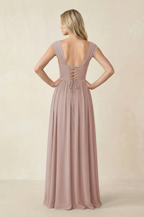 Cap Sleeve Corset A-Line Chiffon Bridesmaid Dress in Toffee (2) | KISSBRIDAL