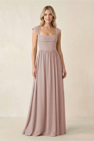 Cap Sleeve Corset A-Line Chiffon Bridesmaid Dress in Toffee | KISSBRIDAL