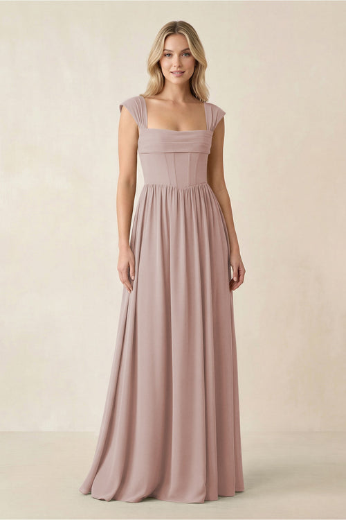 Cap Sleeve Corset A-Line Chiffon Bridesmaid Dress in Toffee | KISSBRIDAL