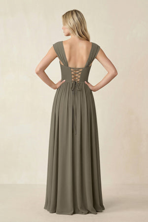 Cap Sleeve Corset A - Line Chiffon Bridesmaid Dress in Willow Green - KISS BRIDAL Bridesmaid Dresses