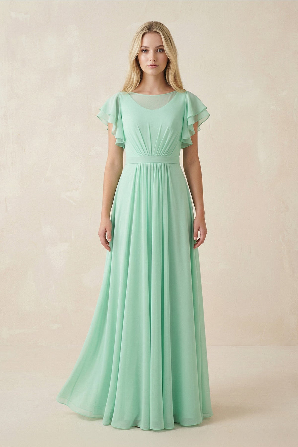 Cap Sleeve Ruffled A-Line Chiffon Bridesmaid Dress in Pale Pistachio