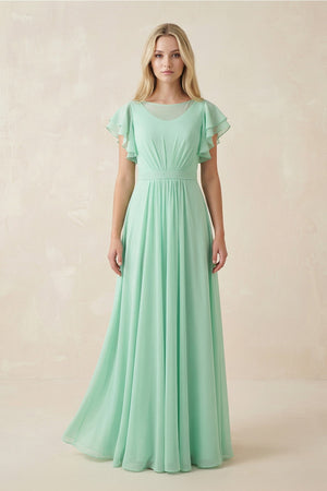 Cap Sleeve Ruffled A - Line Chiffon Bridesmaid Dress - KISS BRIDAL Bridesmaid Dresses