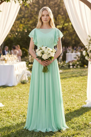 Cap Sleeve Ruffled A - Line Chiffon Bridesmaid Dress - KISS BRIDAL Bridesmaid Dresses