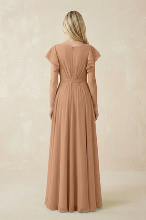 Cap Sleeve Ruffled A - Line Chiffon Bridesmaid Dress in Bronzer - KISS BRIDAL Bridesmaid Dresses