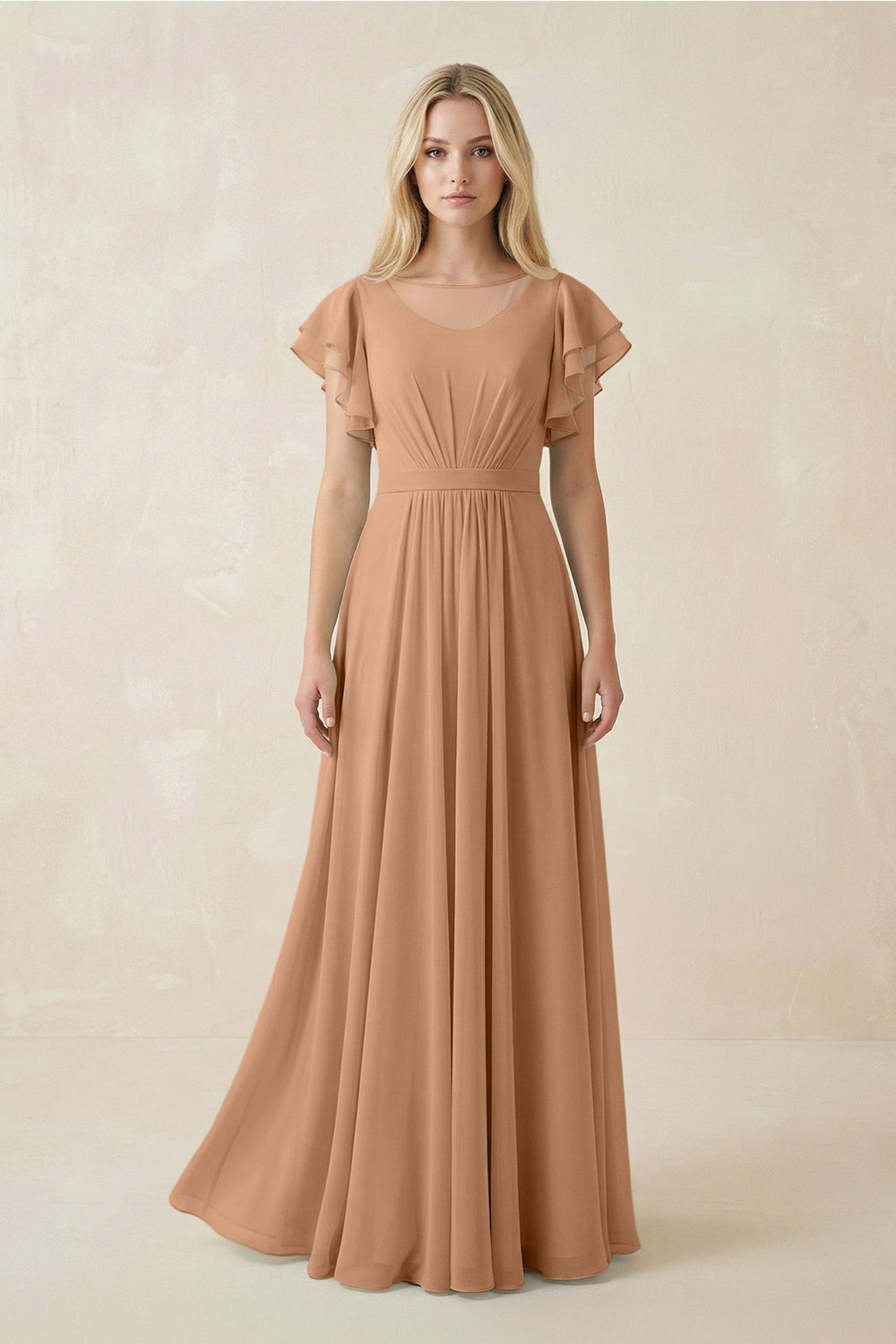 Cap Sleeve Ruffled A-Line Chiffon Bridesmaid Dress in Bronzer