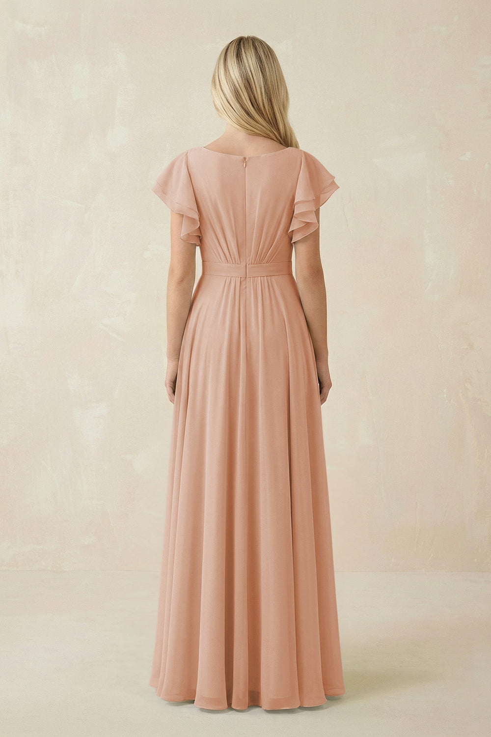 Cap Sleeve Ruffled A-Line Chiffon Bridesmaid Dress in Champagne Rose