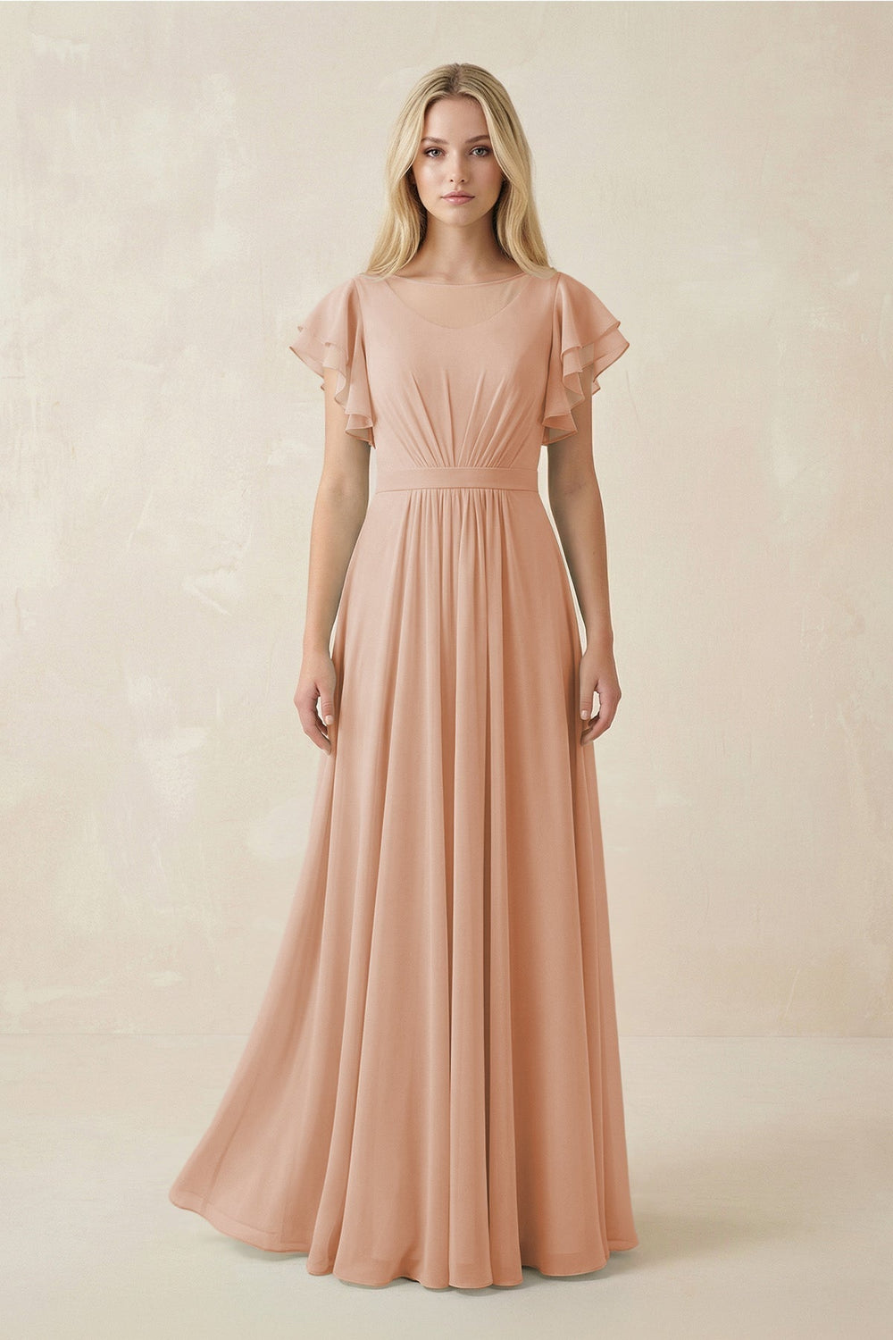 Cap Sleeve Ruffled A-Line Chiffon Bridesmaid Dress in Champagne Rose