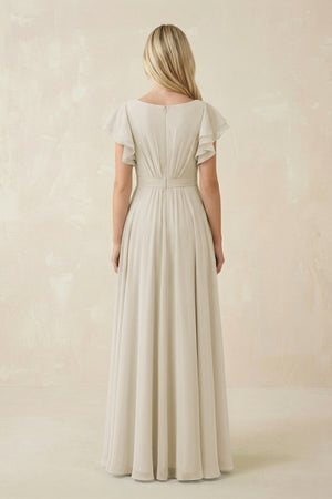 Cap Sleeve Ruffled A - Line Chiffon Bridesmaid Dress in Dove Gray - KISS BRIDAL Bridesmaid Dresses