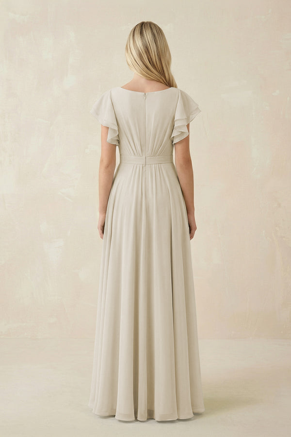 Cap Sleeve Ruffled A - Line Chiffon Bridesmaid Dress in Dove Gray - KISS BRIDAL Bridesmaid Dresses
