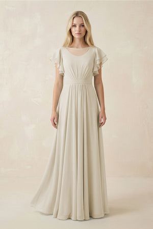 Cap Sleeve Ruffled A - Line Chiffon Bridesmaid Dress in Dove Gray - KISS BRIDAL Bridesmaid Dresses